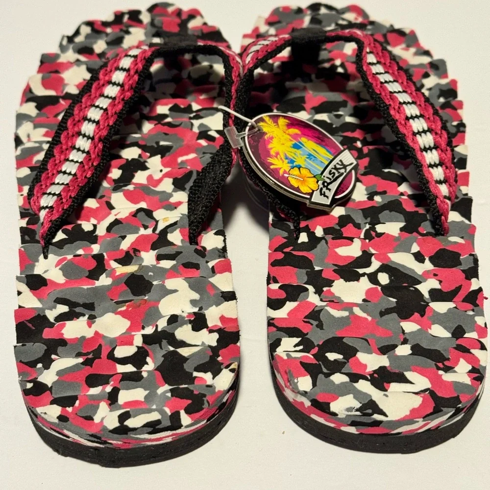 Frisxy Flip Flops Women's 8 Camo Black Pink White Slide-On Sandals NEW